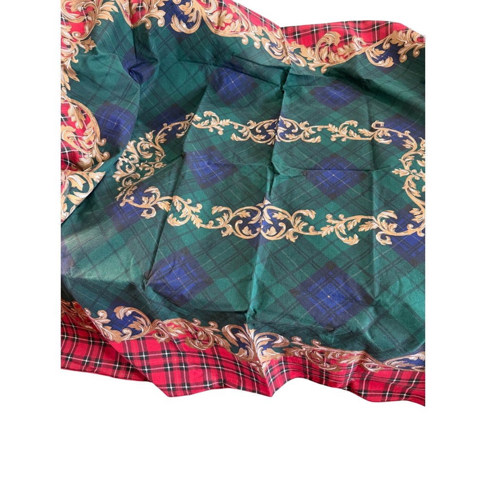 VTG 1992 Fashion Industries Plaid 68x50Tablecloth Baroque Gold Scroll‎ Red Green